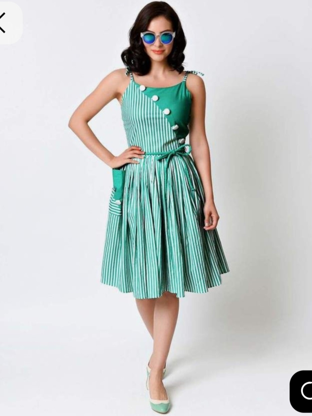 Unique Vintage Women's Hamilton Green Stripe Summer Dress with Buttons, XL - Picture 7 of 7
